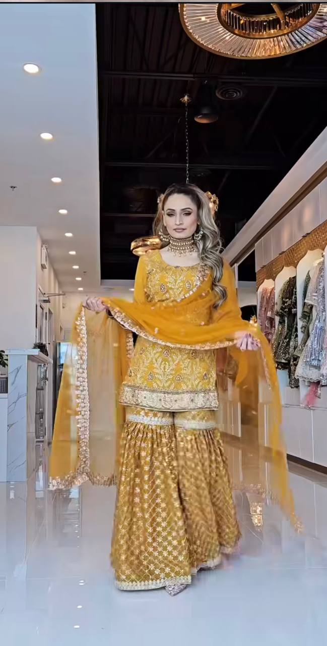 Zehra Mustard Yellow Heavy Embroidered Sharara Set