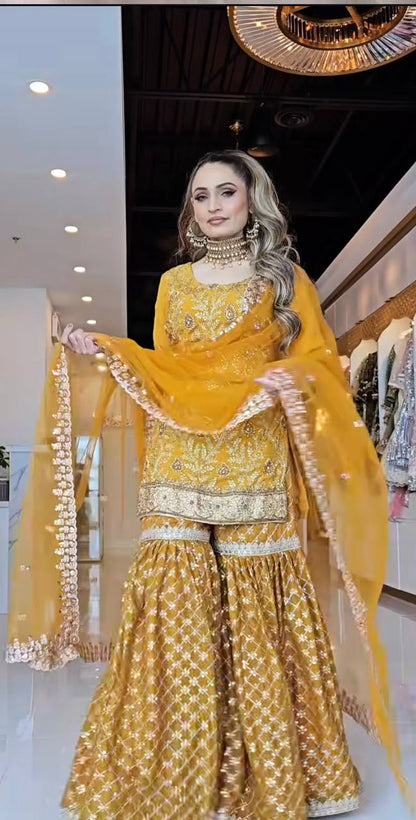 Zehra Mustard Yellow Heavy Embroidered Sharara Set