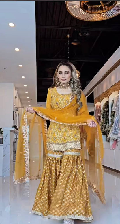 Zehra Mustard Yellow Heavy Embroidered Sharara Set