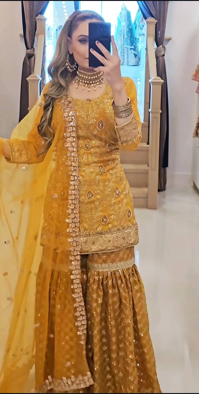 Zehra Mustard Yellow Heavy Embroidered Sharara Set