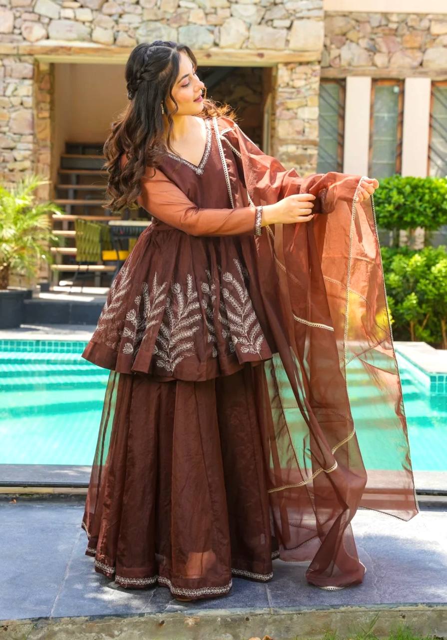 Kaafi Nazakat Embroidered Peplum Designer Sharara Suit