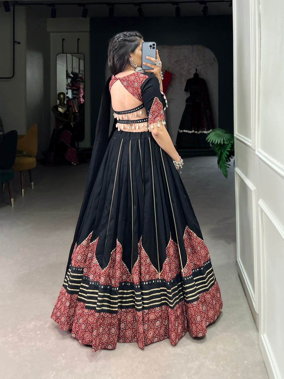 GarbaGlow Black & Maroon Handcrafted Look with Tribal Touch Lehenga Set