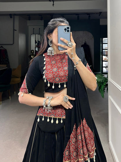 GarbaGlow Black & Maroon Handcrafted Look with Tribal Touch Lehenga Set