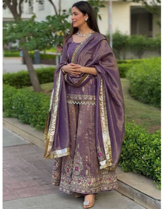 Georgette Purplish Kurti Bottom Worked Set With Dupatta