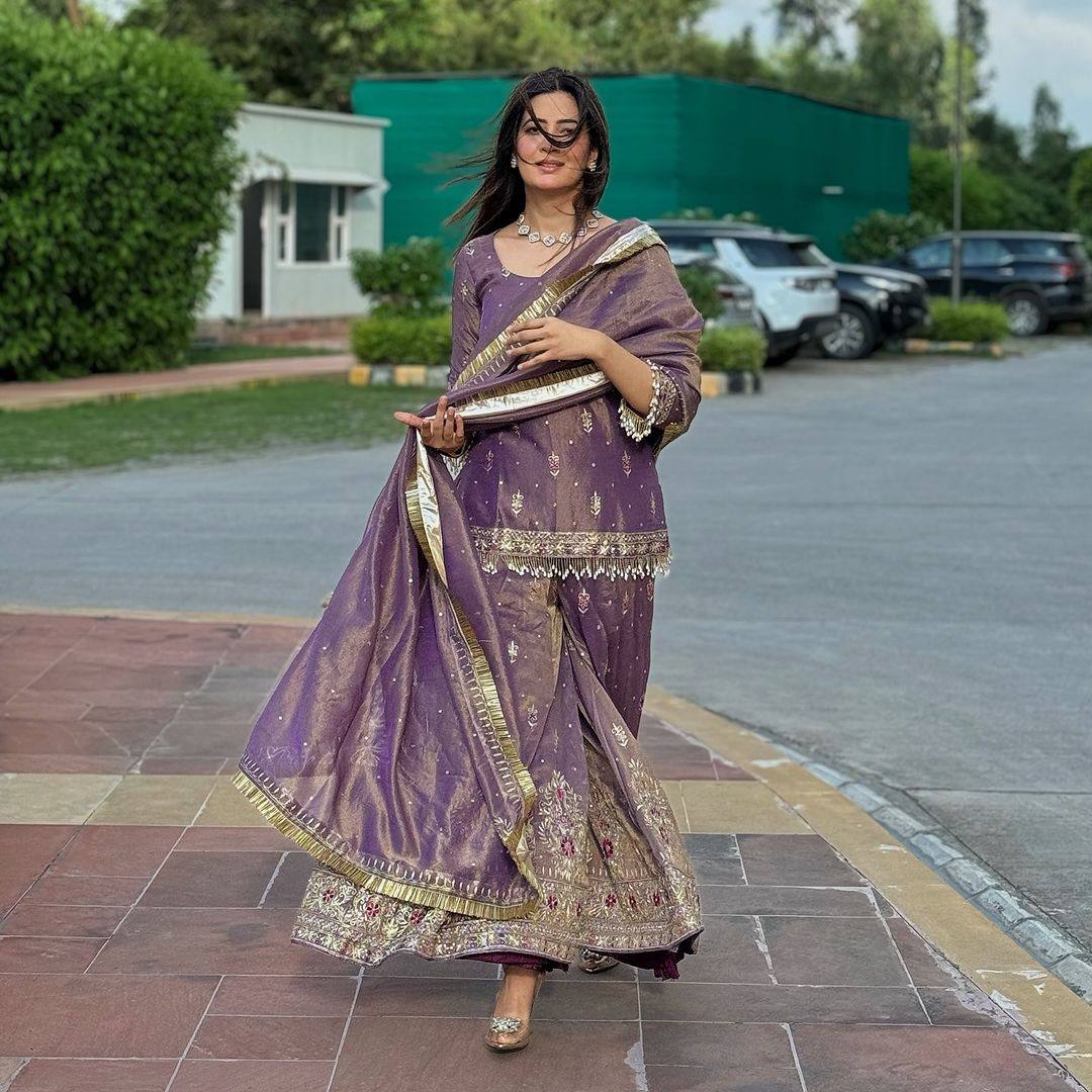 Georgette Purplish Kurti Bottom Worked Set With Dupatta