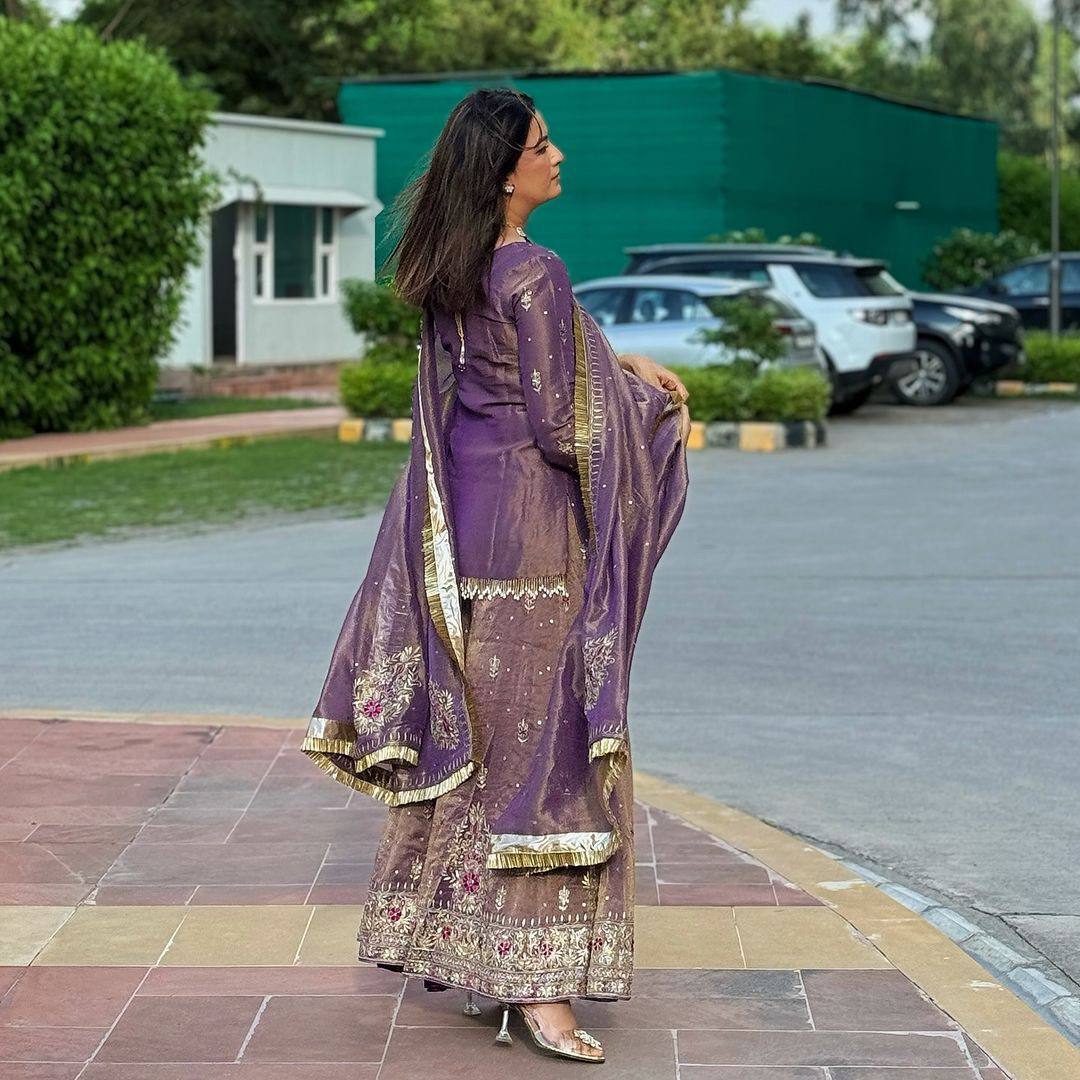 Georgette Purplish Kurti Bottom Worked Set With Dupatta