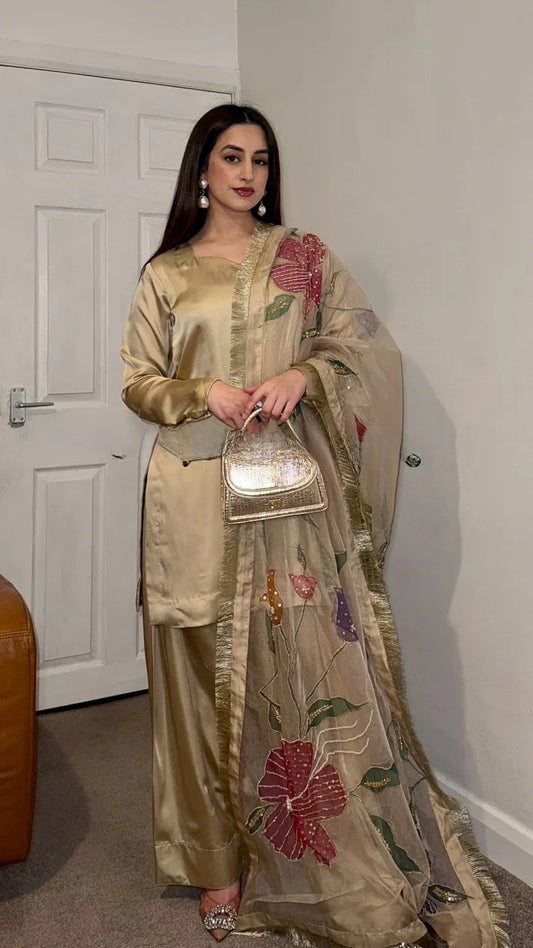 Shahi Sunehri Gold Designer Party Wear Look top with farshi plazzo Suit