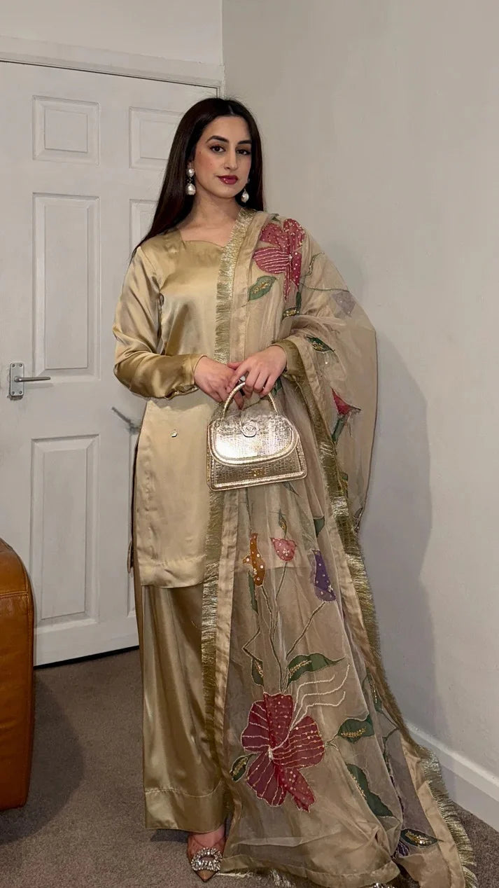 Shahi Sunehri Gold Designer Party Wear Look top with farshi plazzo Suit