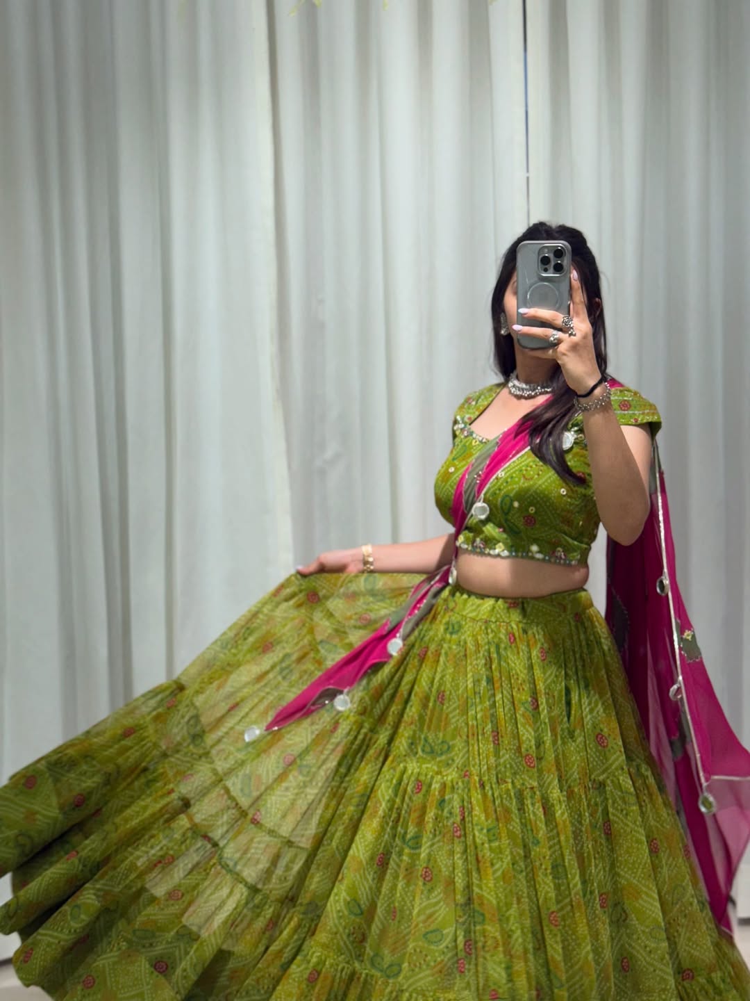 Bandhani Mehendi Green Garba Lehenga Choli