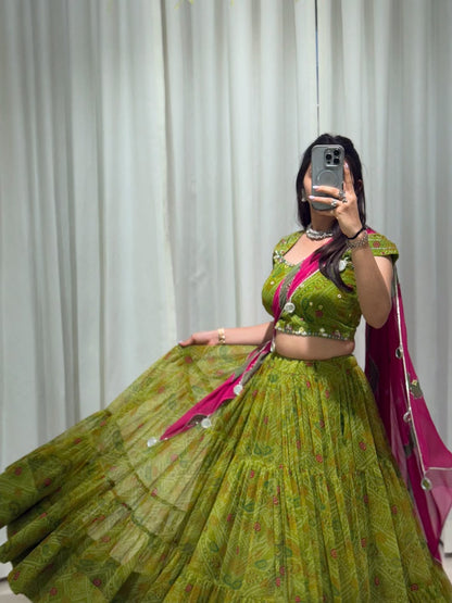 Bandhani Mehendi Green Garba Lehenga Choli