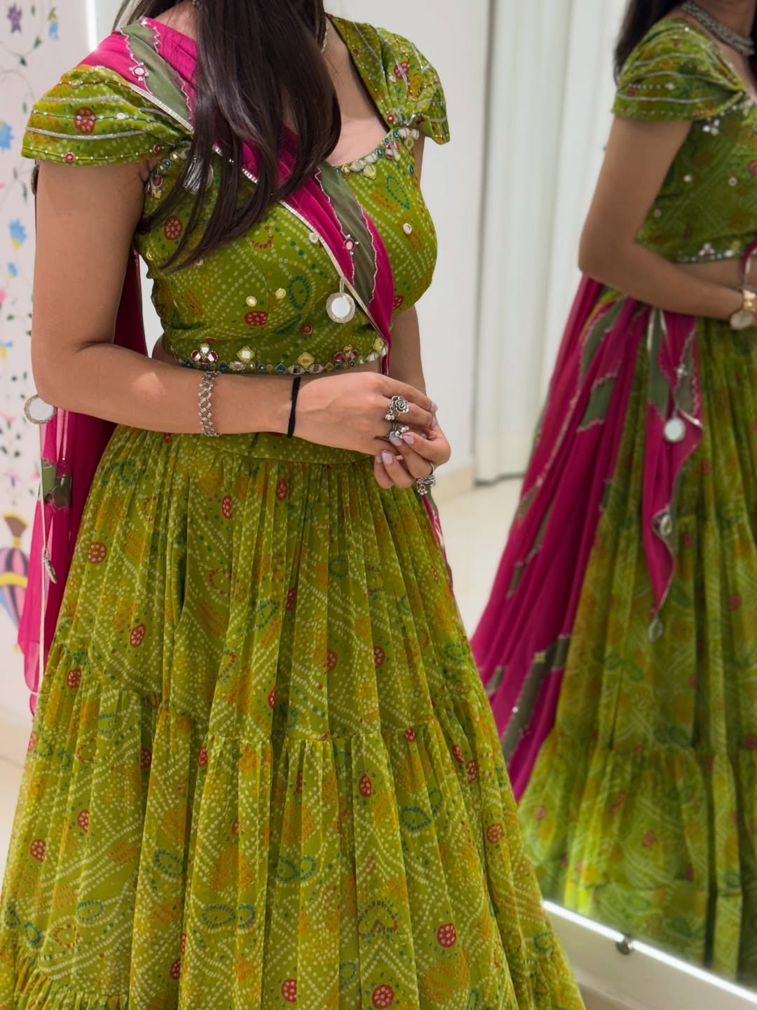 Bandhani Mehendi Green Garba Lehenga Choli
