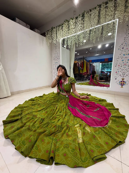Bandhani Mehendi Green Garba Lehenga Choli