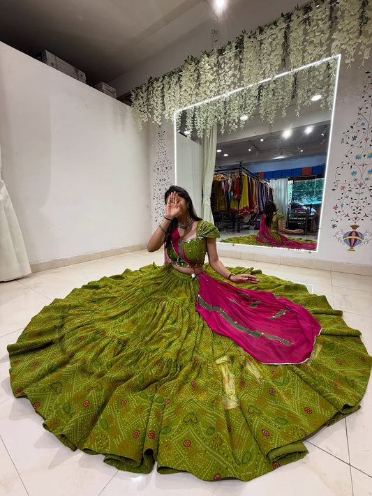 Bandhani Mehendi Green Garba Lehenga Choli