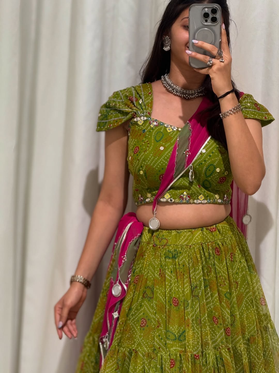 Bandhani Mehendi Green Garba Lehenga Choli
