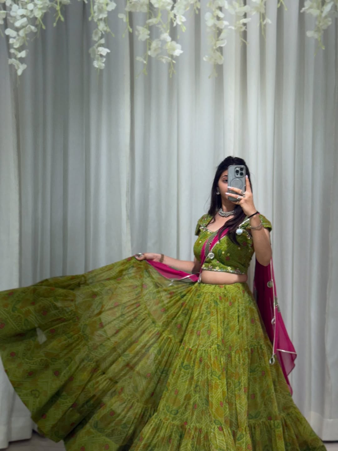 Bandhani Mehendi Green Garba Lehenga Choli
