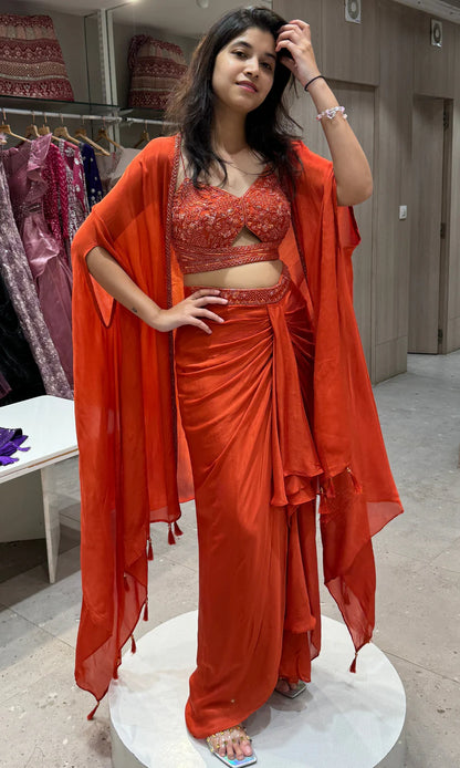 Fiery Orange Designer 3 piece Indo western long dress, coat ,crop top, skirt