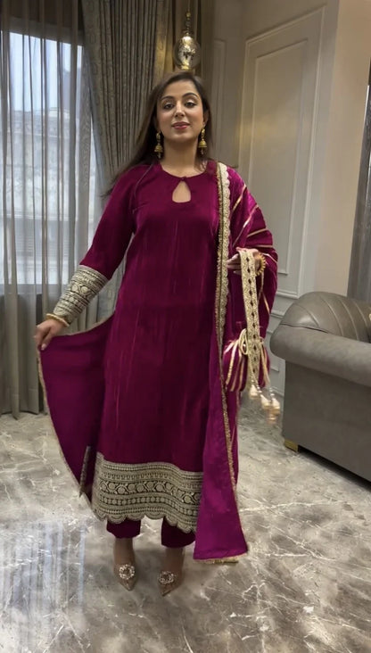 Royal Velvet Magenta Ensemble with Intricate Golden Embroidery