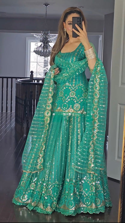 New Designer Party Wear Look Top , Sharara PUC-zzo And Dupatta ( UC-392 )