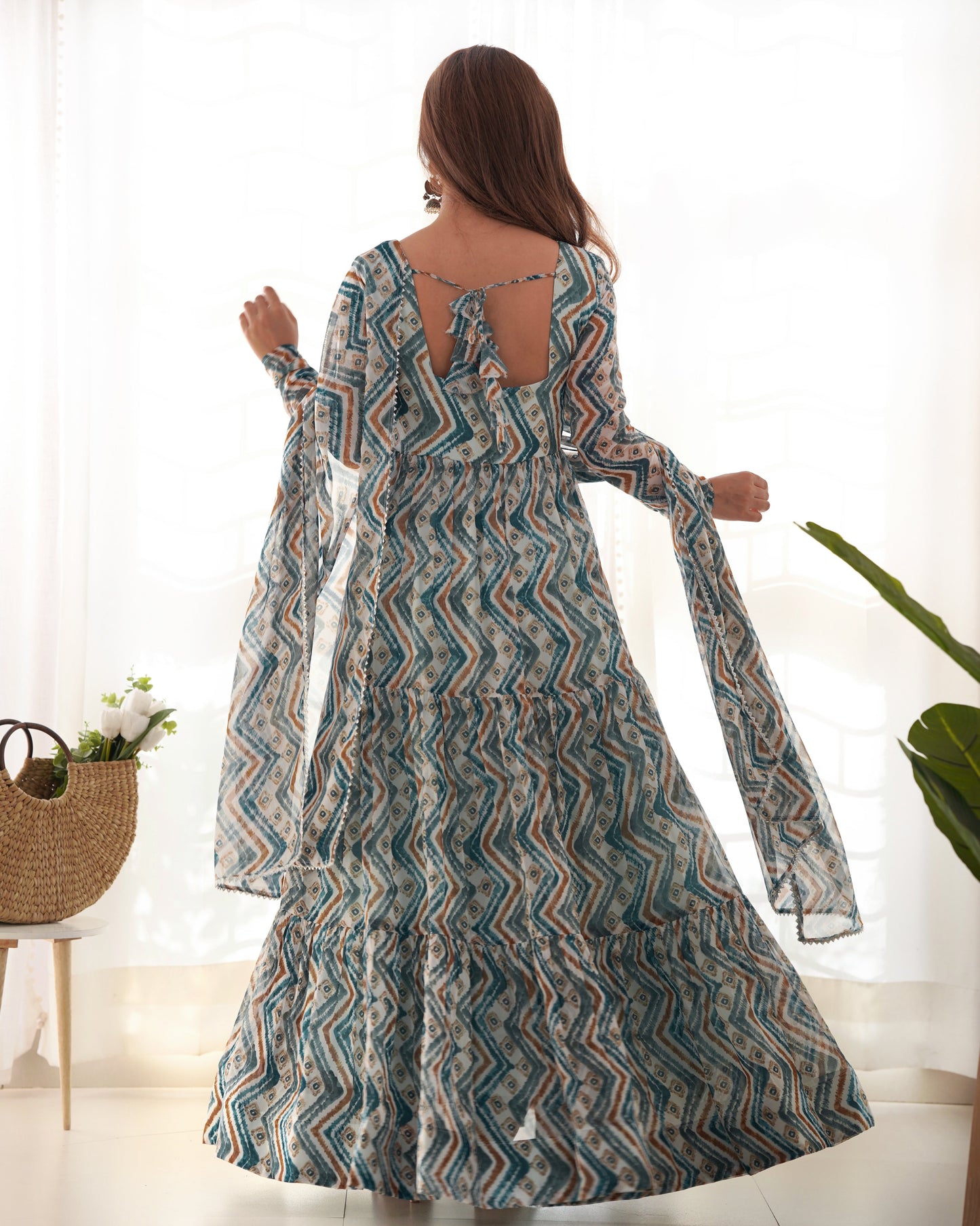 Bule Ethnic Printed Long Dress with Matching Dupatta NKB-41