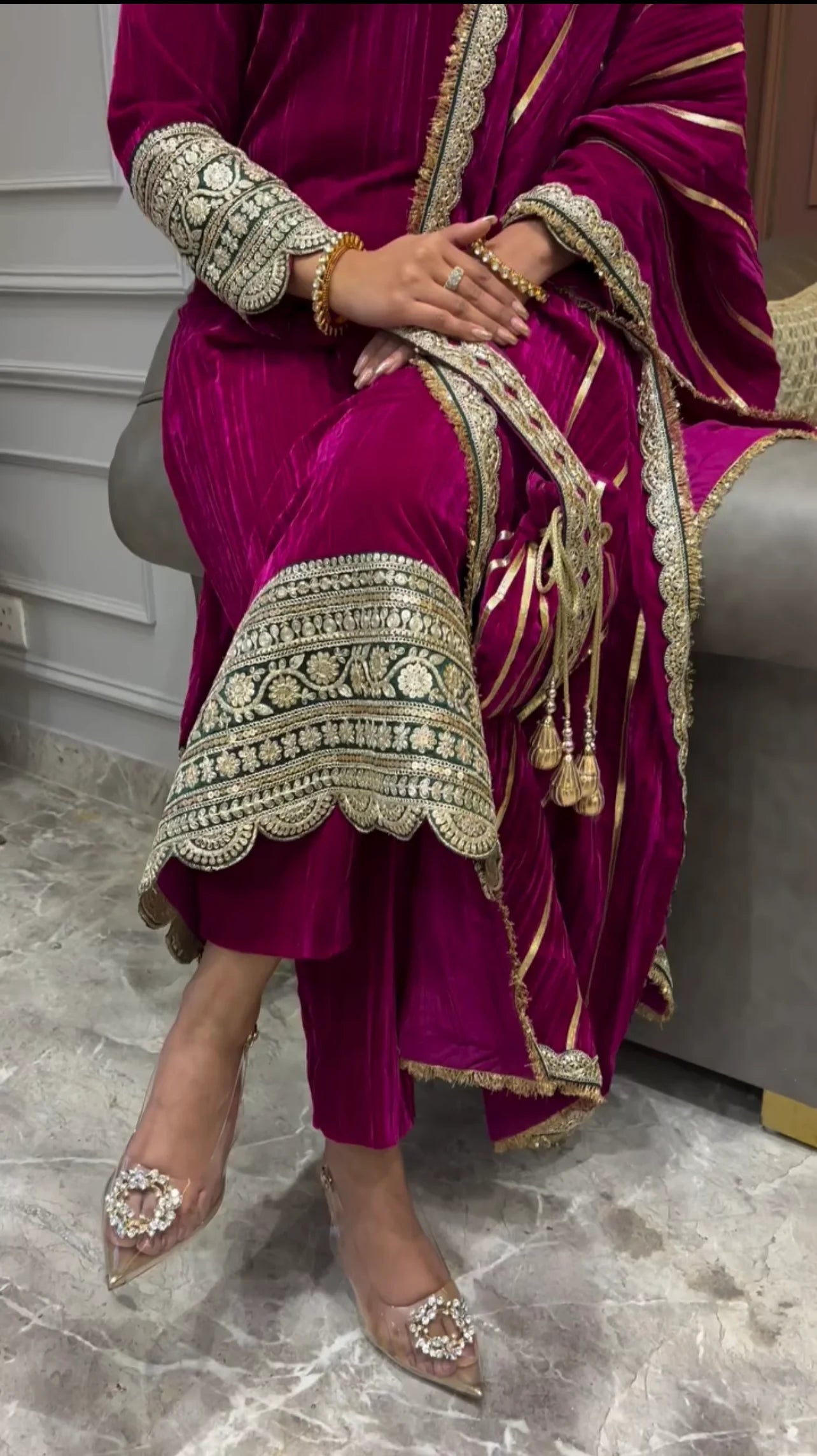 Royal Velvet Magenta Ensemble with Intricate Golden Embroidery