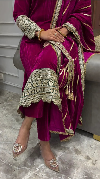 Royal Velvet Magenta Ensemble with Intricate Golden Embroidery