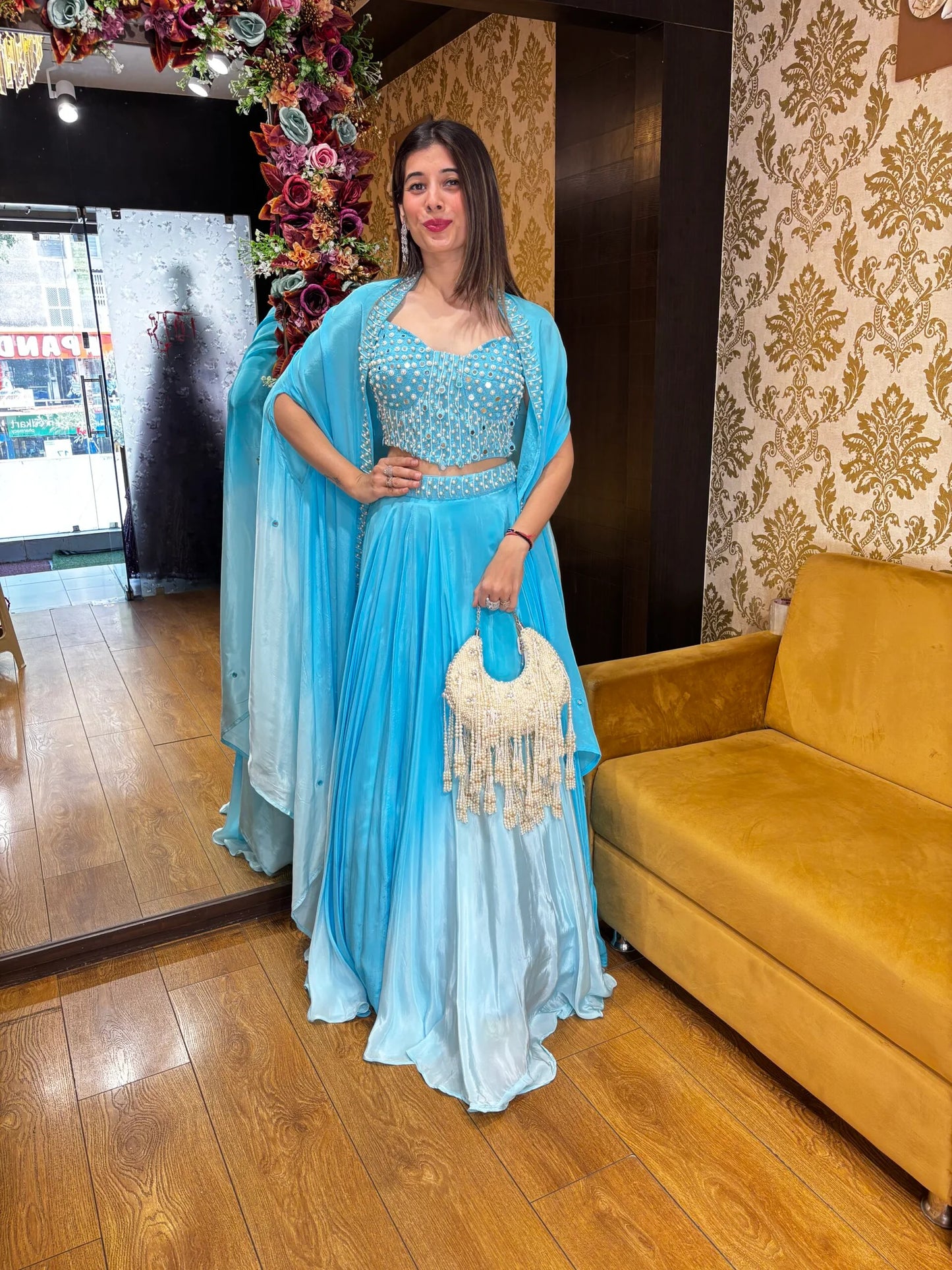 OMBRE SKIRT CORSET BLOUSE WITH CAPE-POWDER BLUE