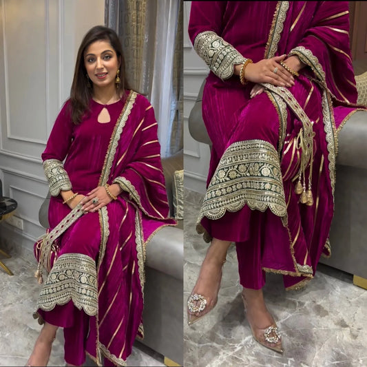 Royal Velvet Magenta Ensemble with Intricate Golden Embroidery