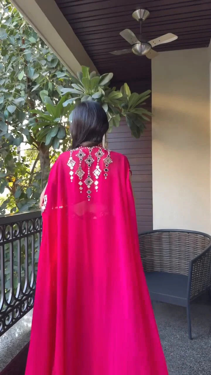 Citrus Pink Draped plazo & Mirror work Blouse with Cape