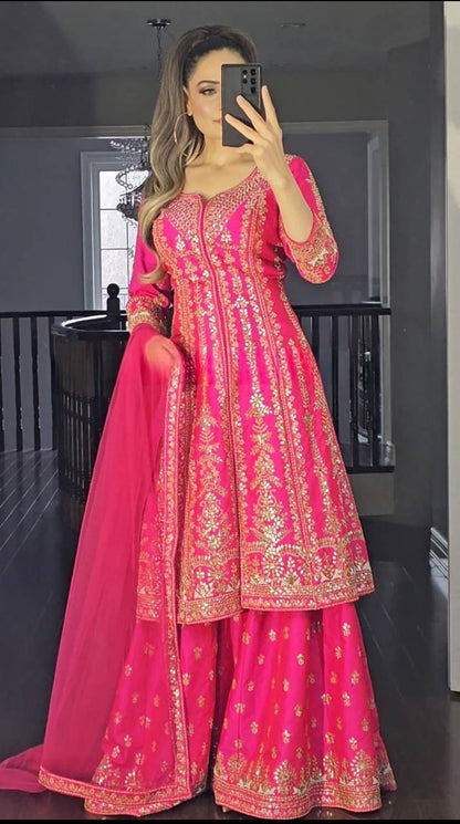 Rani Pink Embroidered New Designer LongTop Plazzo Dupatta Set
