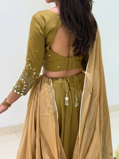 Golden Mustard Embellished Mirror Work Lehenga Choli