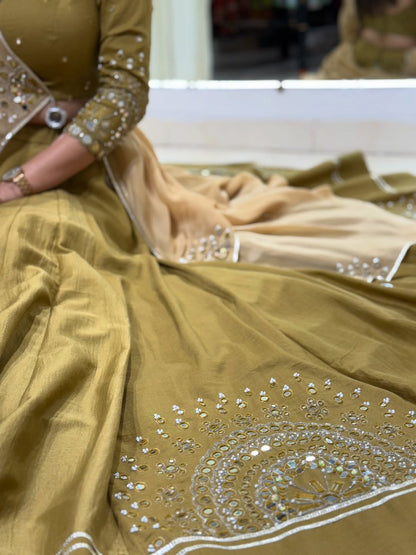 Golden Mustard Embellished Mirror Work Lehenga Choli
