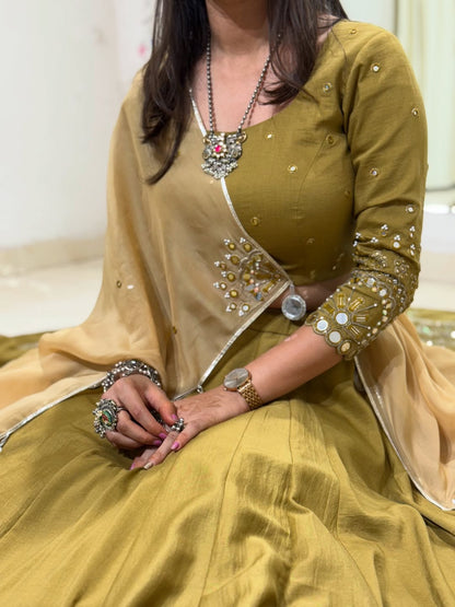 Golden Mustard Embellished Mirror Work Lehenga Choli