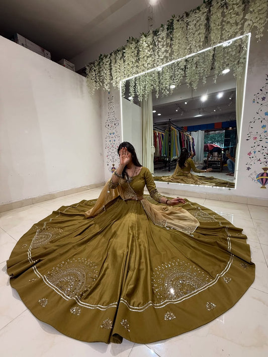 Golden Mustard Embellished Mirror Work Lehenga Choli