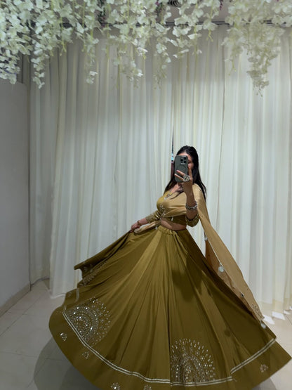 Golden Mustard Embellished Mirror Work Lehenga Choli