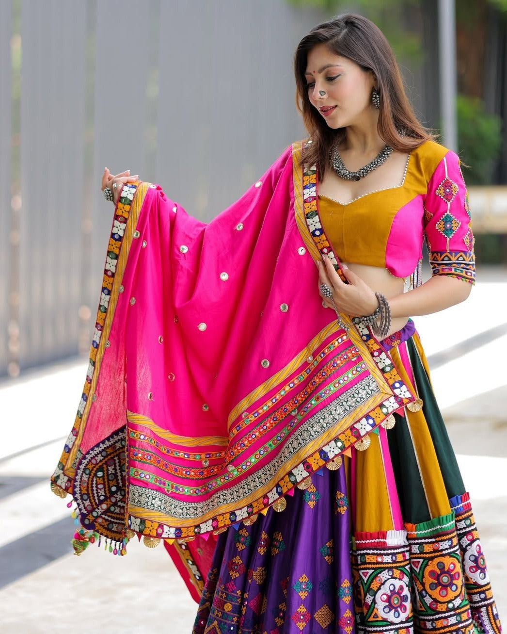 Morni Vibrant Multicolor Navratri Lehenga Choli with Hand Embroidered Mirror Work