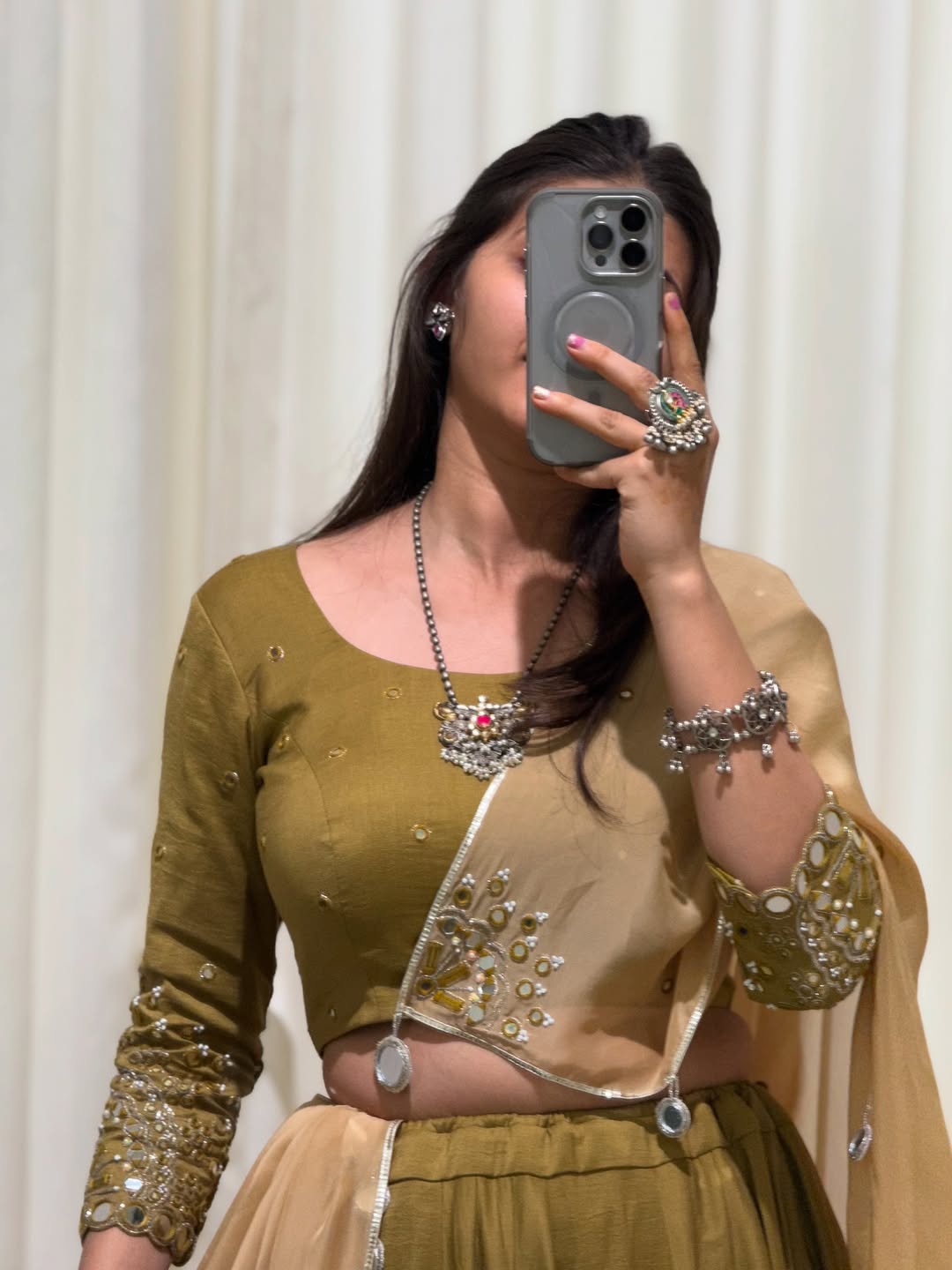 Golden Mustard Embellished Mirror Work Lehenga Choli