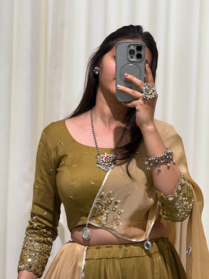 Golden Mustard Embellished Mirror Work Lehenga Choli