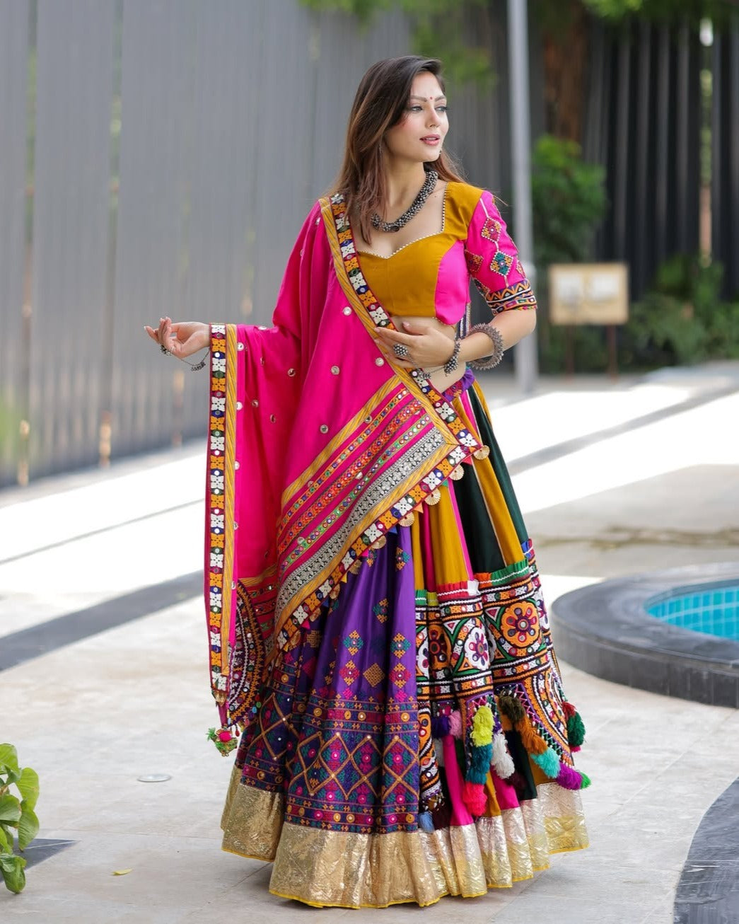 Morni Vibrant Multicolor Navratri Lehenga Choli with Hand Embroidered Mirror Work