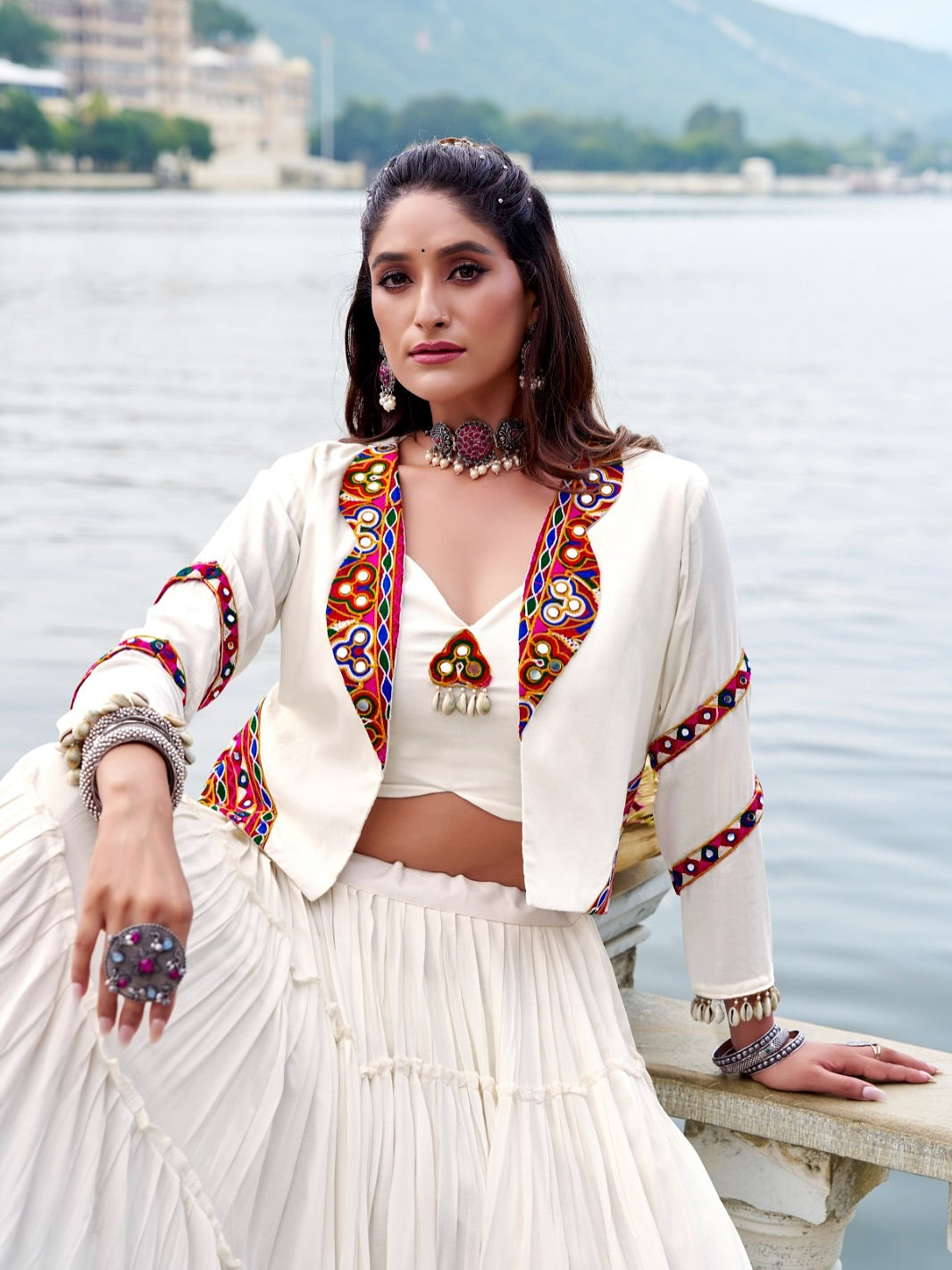 RangRiwaaz Navratri Special Embroidered Mirror-Work Jacket and lahenga set