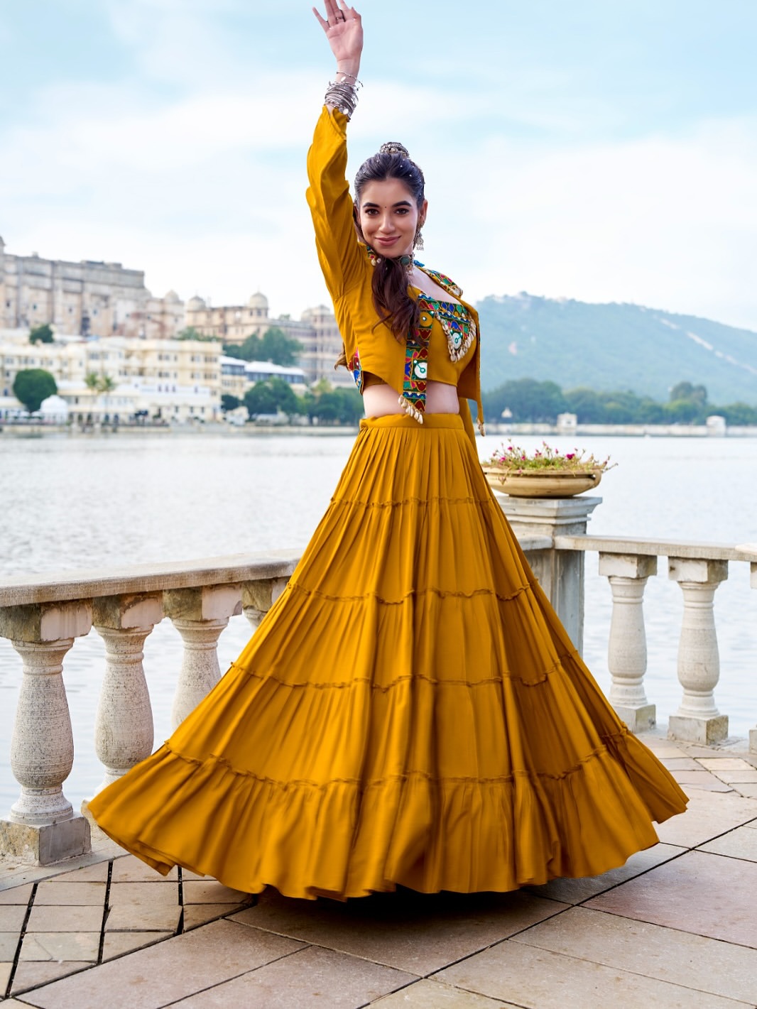 RangRiwaaz Navratri Special Embroidered Mirror-Work Jacket and lahenga set