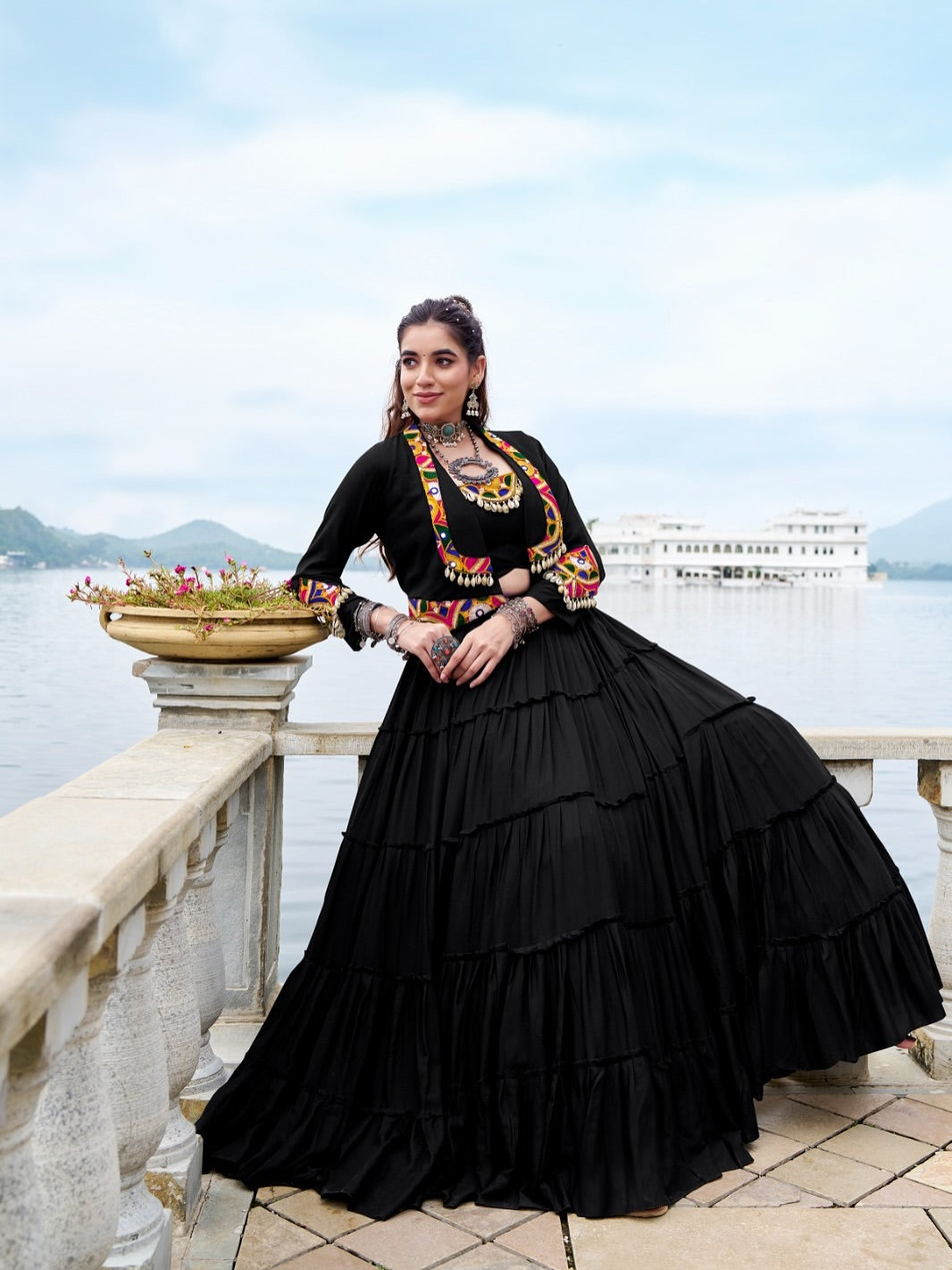 RangRiwaaz Navratri Special Embroidered Mirror-Work Jacket and lahenga set