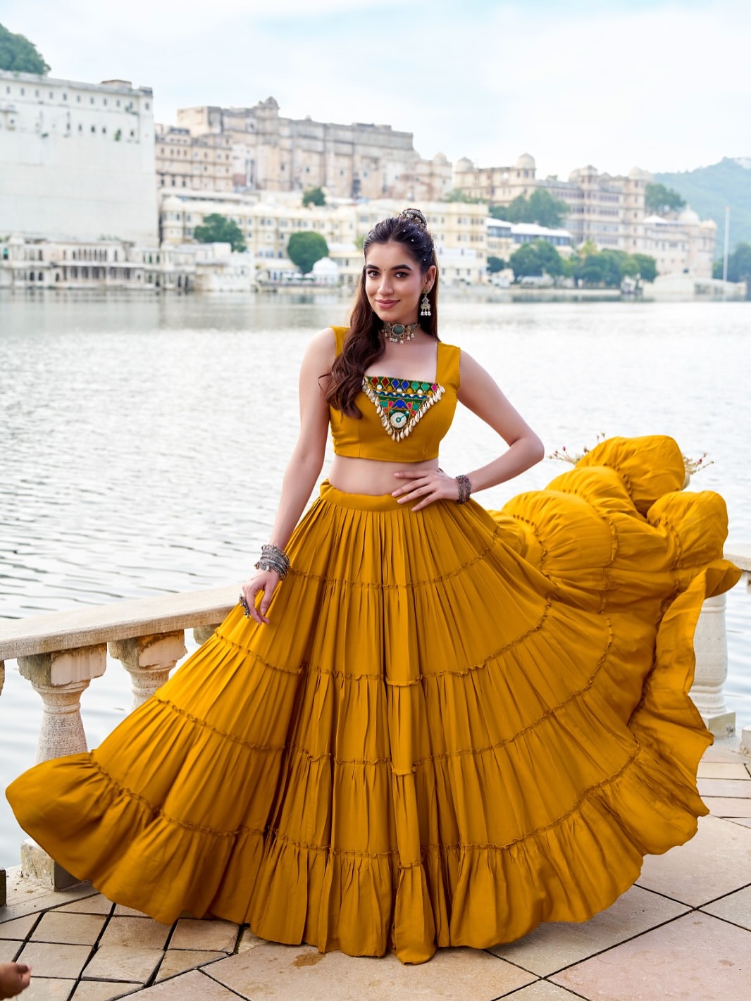 RangRiwaaz Navratri Special Embroidered Mirror-Work Jacket and lahenga set
