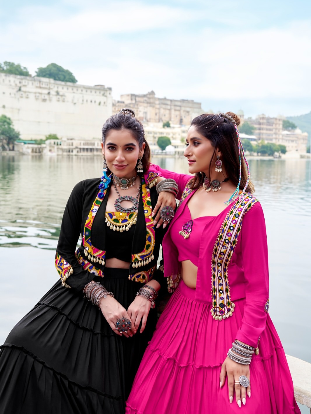 RangRiwaaz Navratri Special Embroidered Mirror-Work Jacket and lahenga set
