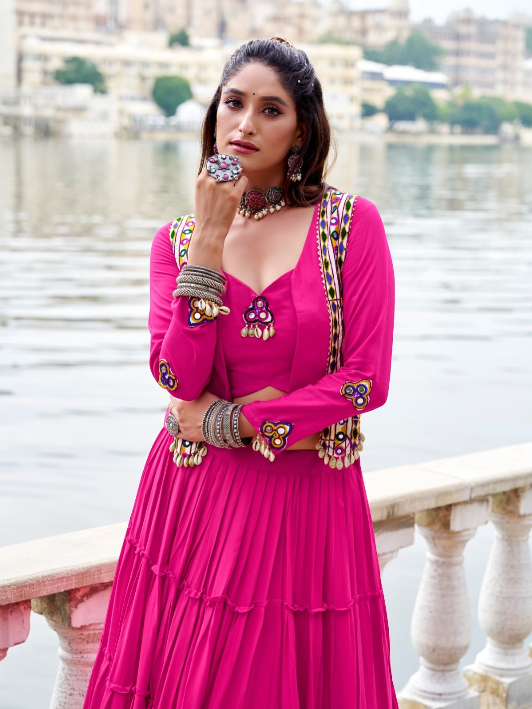 RangRiwaaz Navratri Special Embroidered Mirror-Work Jacket and lahenga set