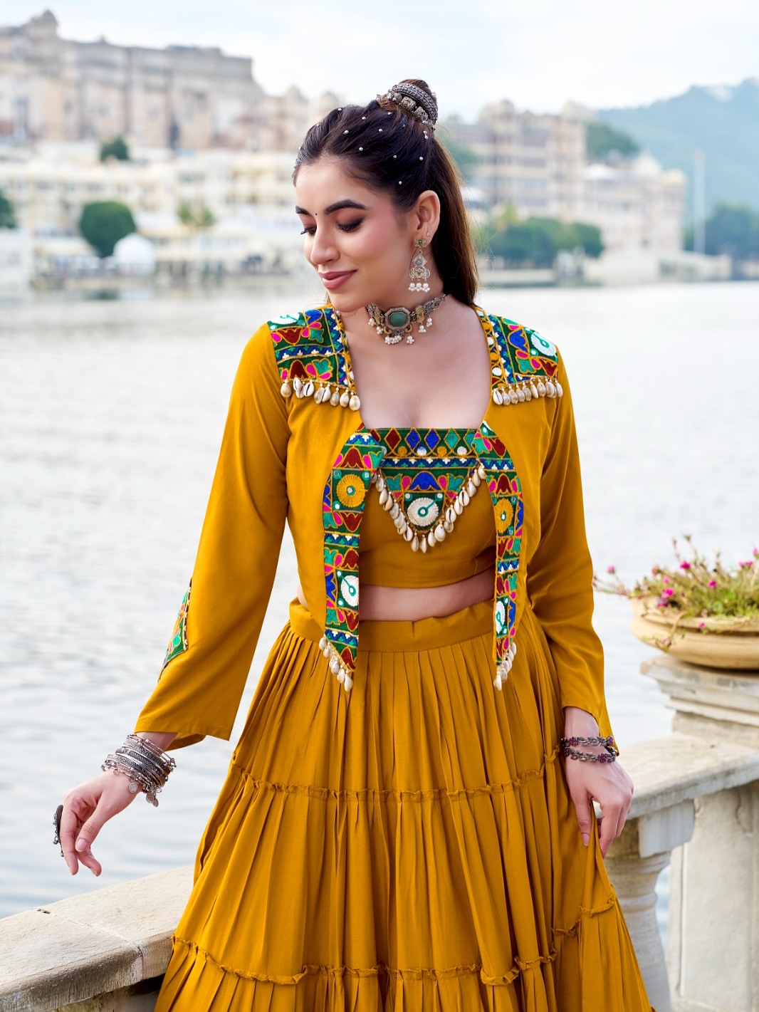RangRiwaaz Navratri Special Embroidered Mirror-Work Jacket and lahenga set