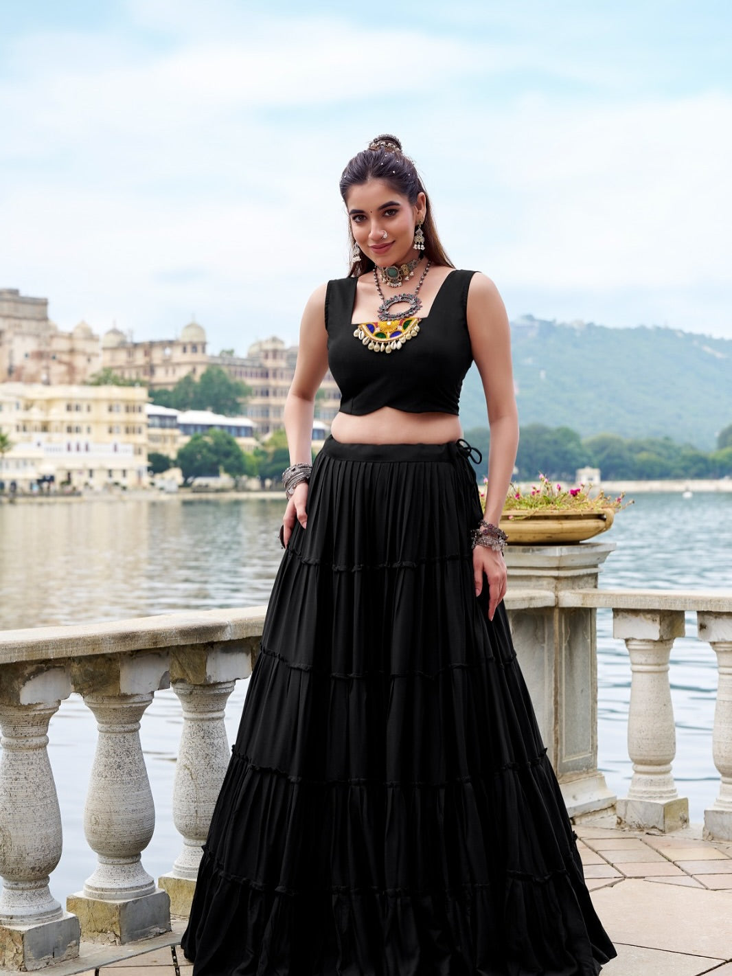 RangRiwaaz Navratri Special Embroidered Mirror-Work Jacket and lahenga set