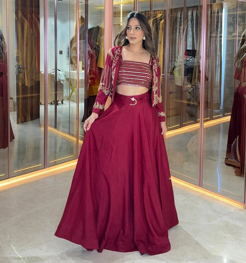 Maroon Embroidered Co-Ord Set – Crop Top, Jacket & Flared Skirt