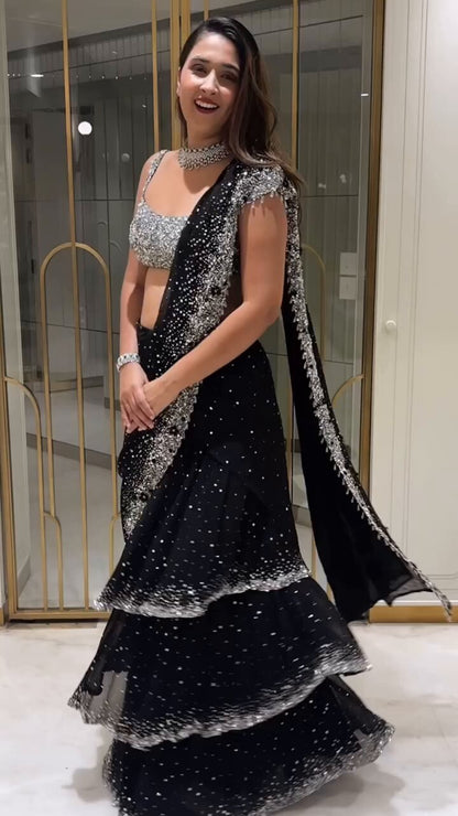 Noor Black Ruffle Saree Tradition with Organza Flowers & Aari Work