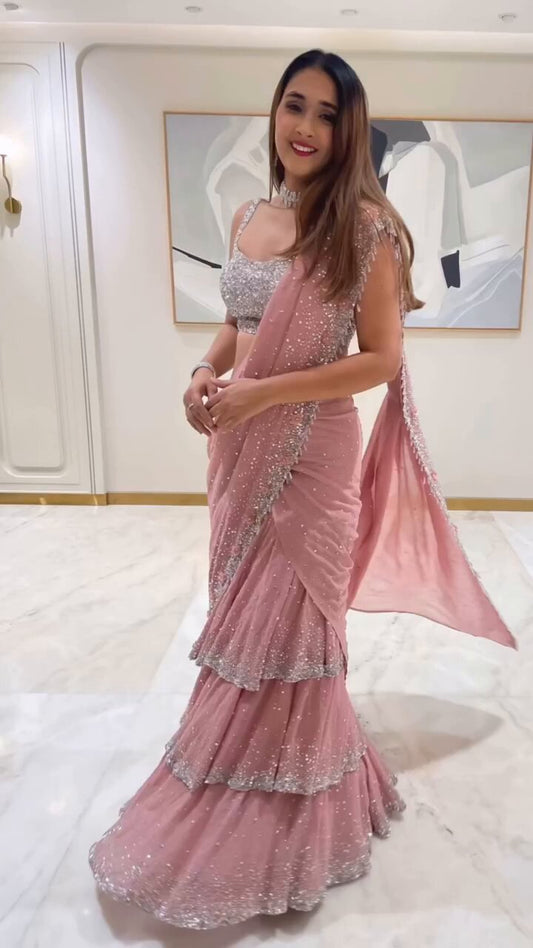 Noor Pink Ruffle Saree Tradition with Organza Flowers & Aari Work