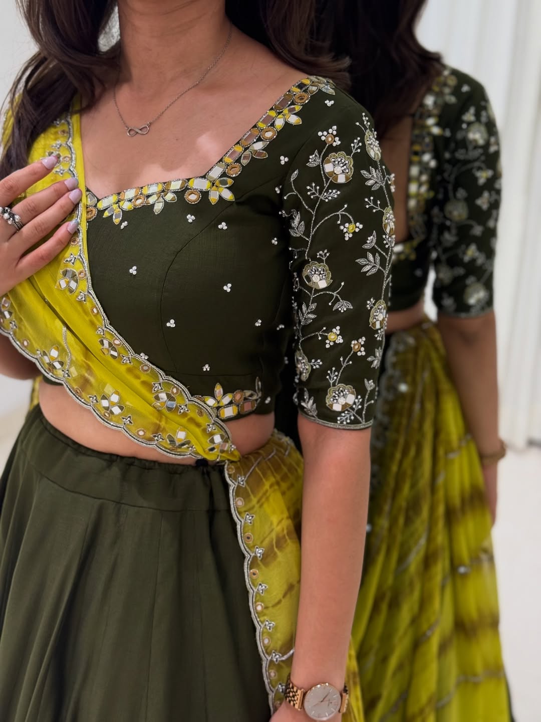 Olive Green Mirror Work Sunshine Garba Lehenga
